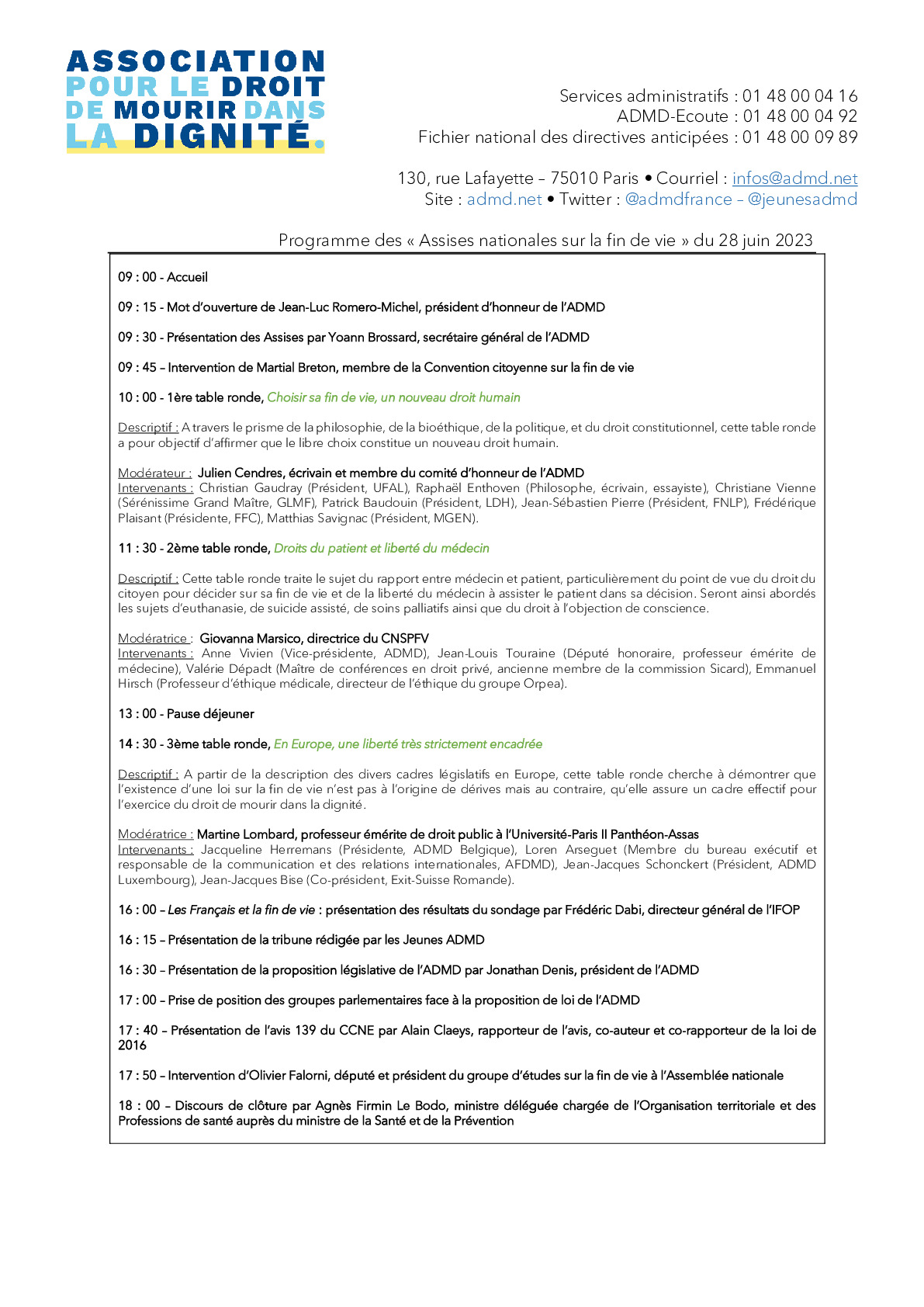 Programme des Assises nationales sur la fin de vie - La Sorbonne, mercredi 28 juin 2023