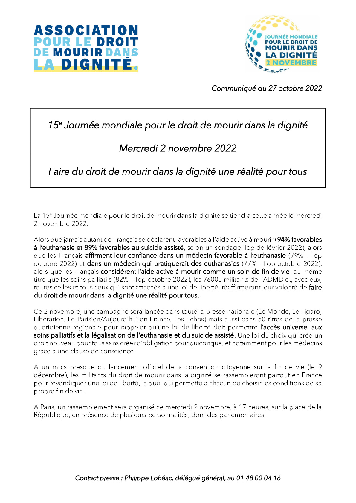 CP - 15e Journée mondiale pour le droit de mourir dans la dignité