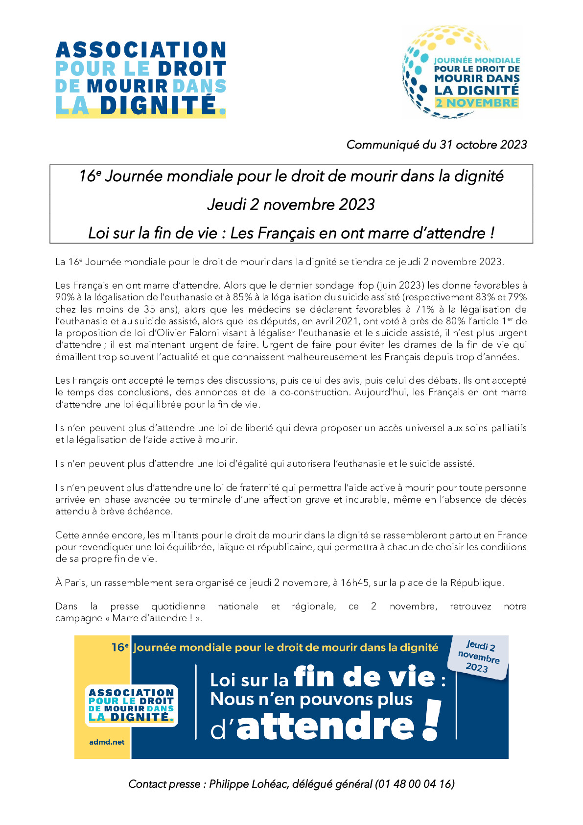 16e Journée mondiale pour le droit de mourir dans la dignité - Jeudi 2 novembre 2023 