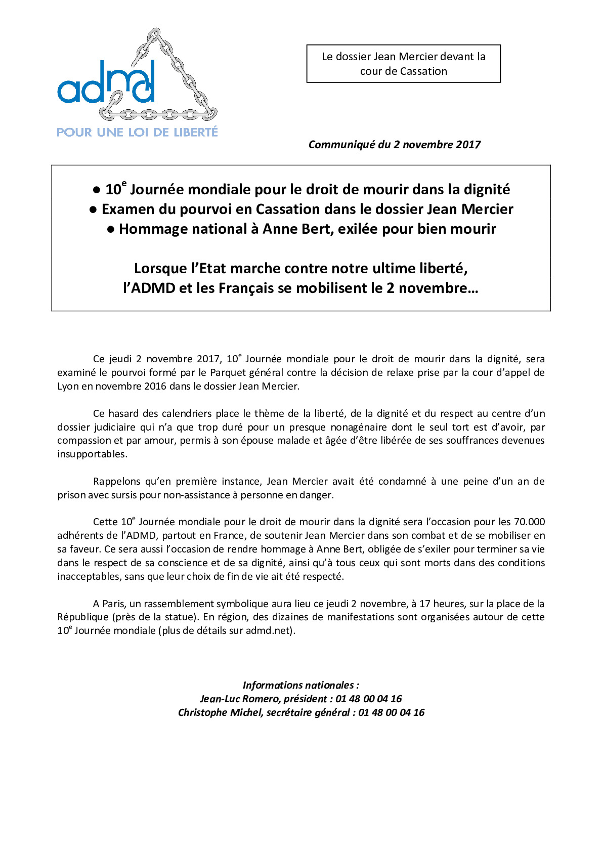 2 novembre 2017 - 10e Journée mondiale pour le droit de mourir dans la dignité 