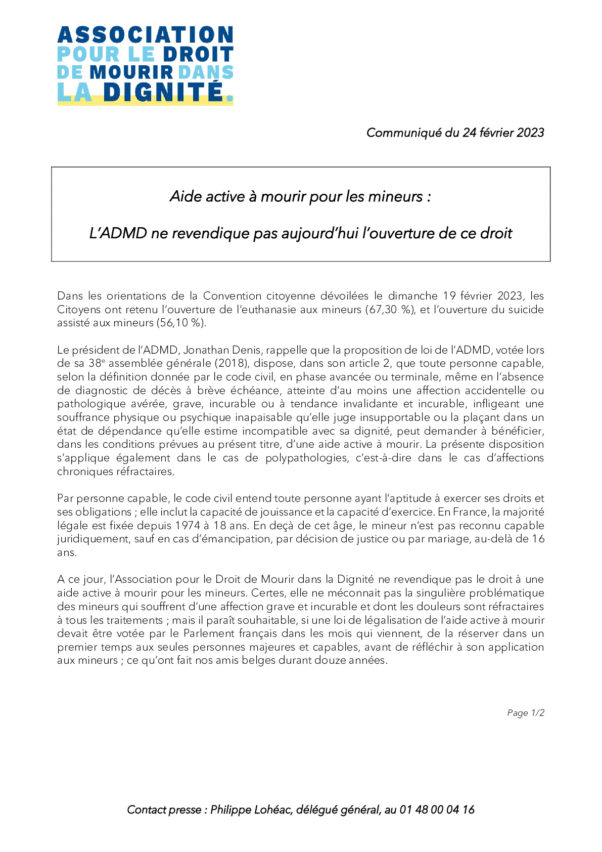 Aide active à mourir pour les mineurs : l’ADMD ne revendique pas aujourd’hui l’ouverture de ce droit 