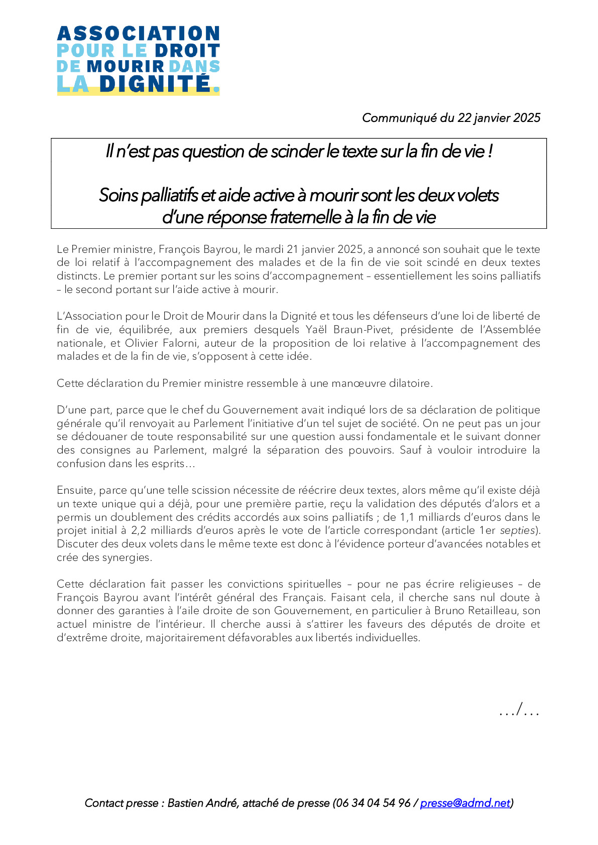  Texte de loi : il n’est pas question de scinder le texte sur la fin de vie ! 