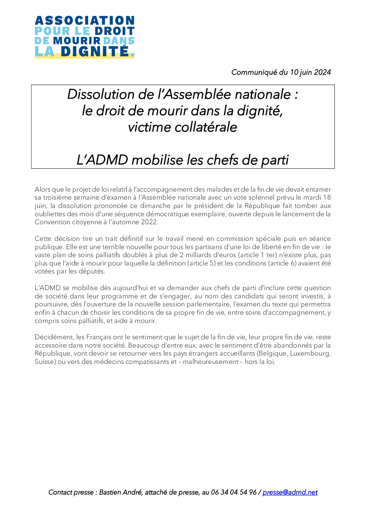 Dissolution de l’Assemblée nationale : le droit de mourir dans la dignité, victime collatérale.