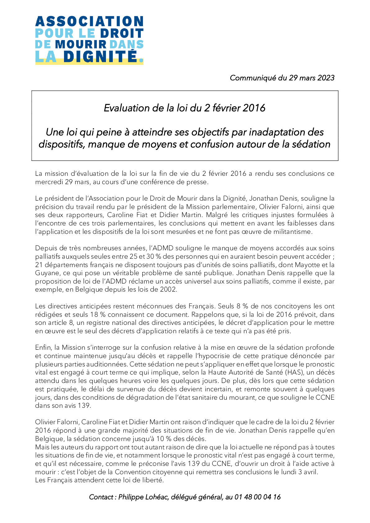 Evaluation de la loi du 2 février 2016 sur la fin de vie