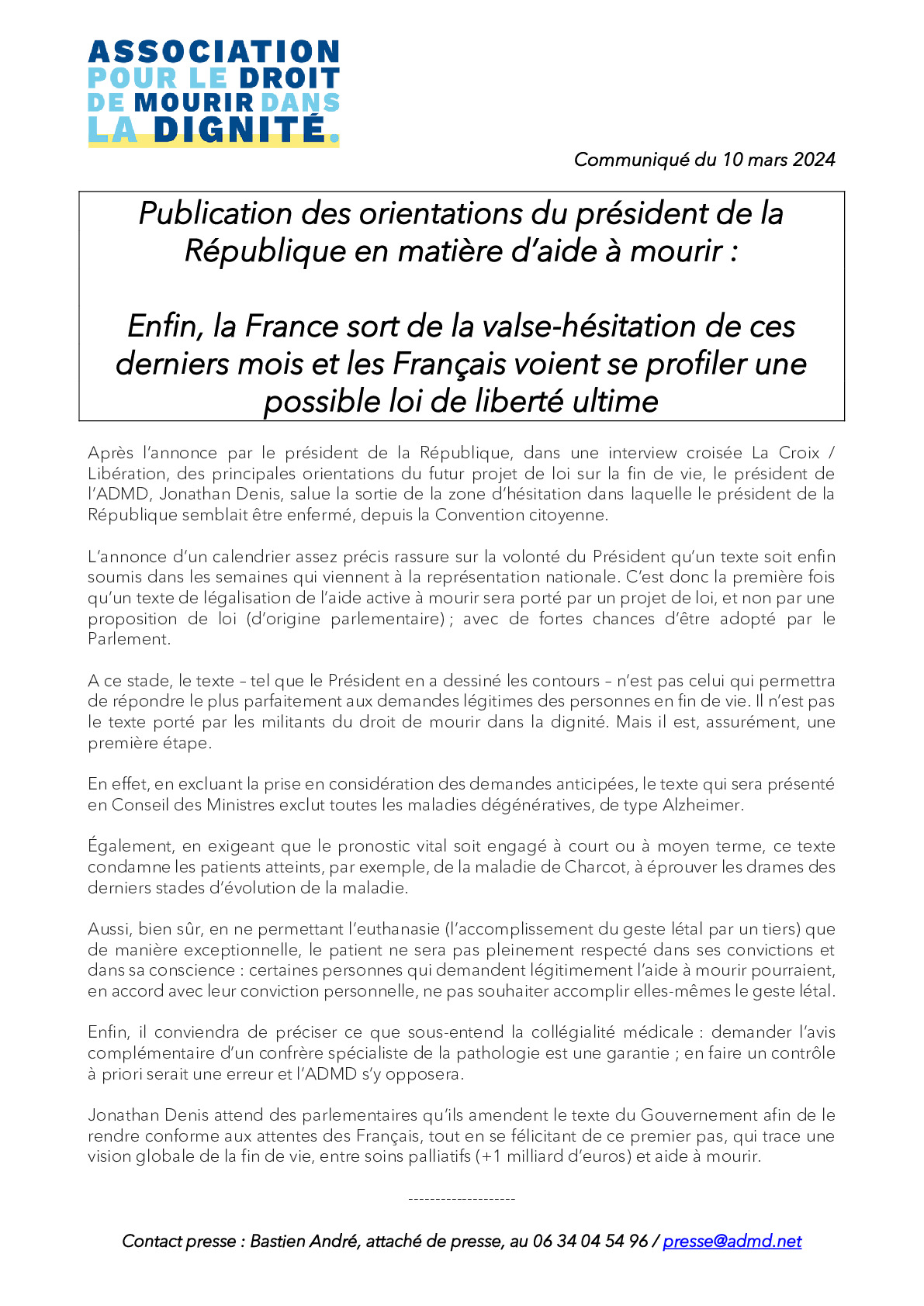Publication des orientations du président de la République en matière d’aide à mourir