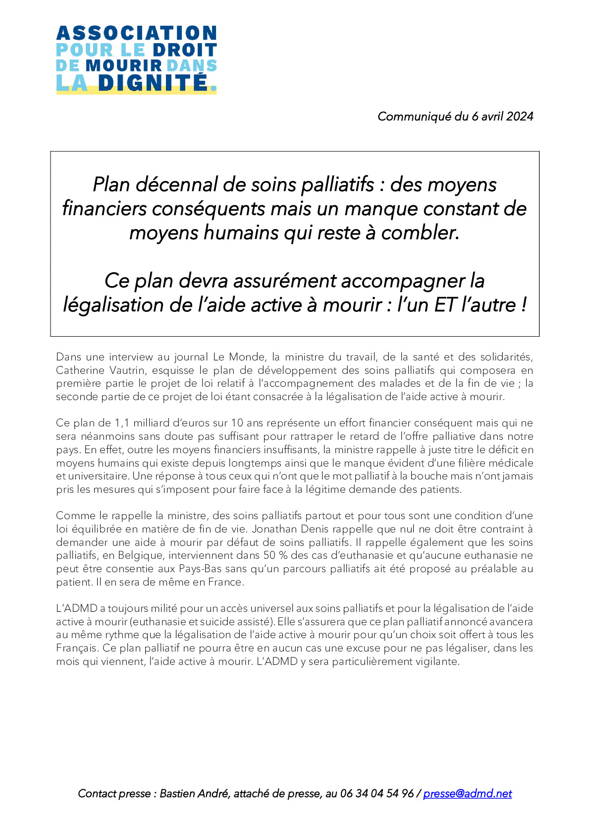 Plan décennal de soins palliatifs : vigilance de l'Association pour le Droit de Mourir dans la Dignité