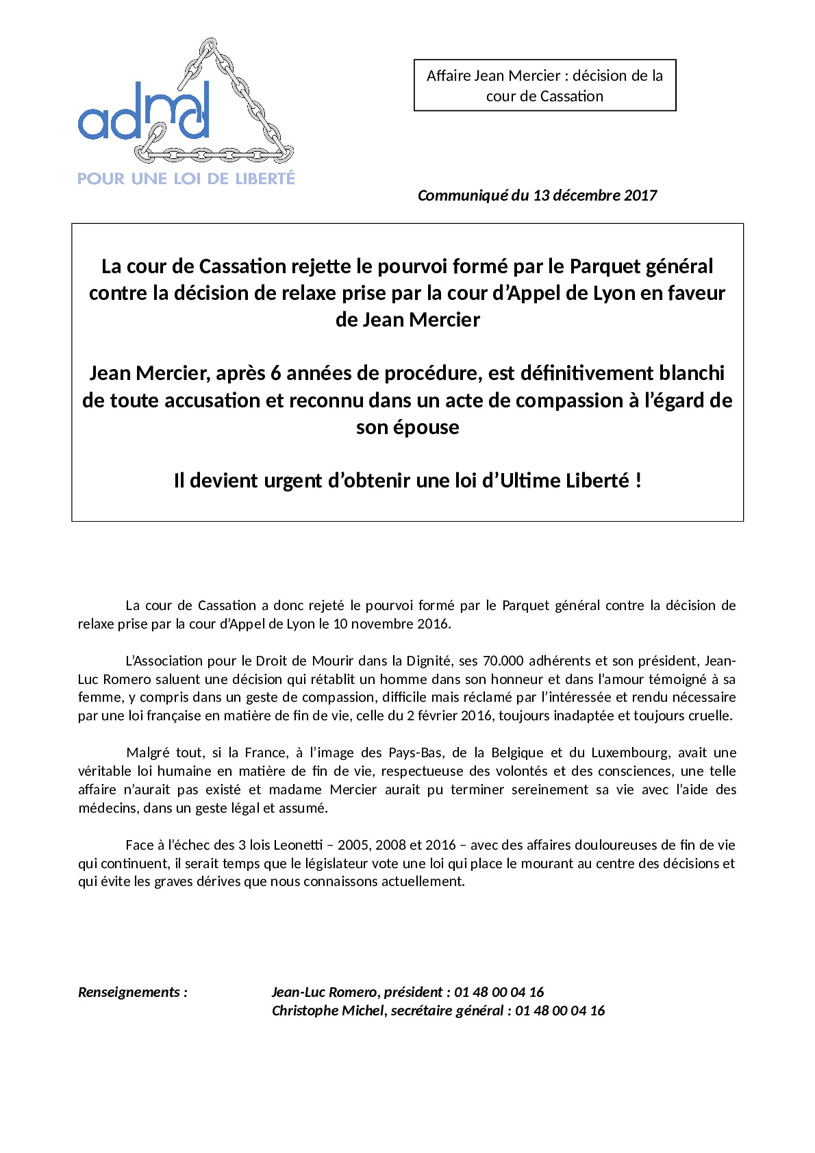 Affaire Jean Mercier - La cour de Cassation met fin à son acharnement judiciaire