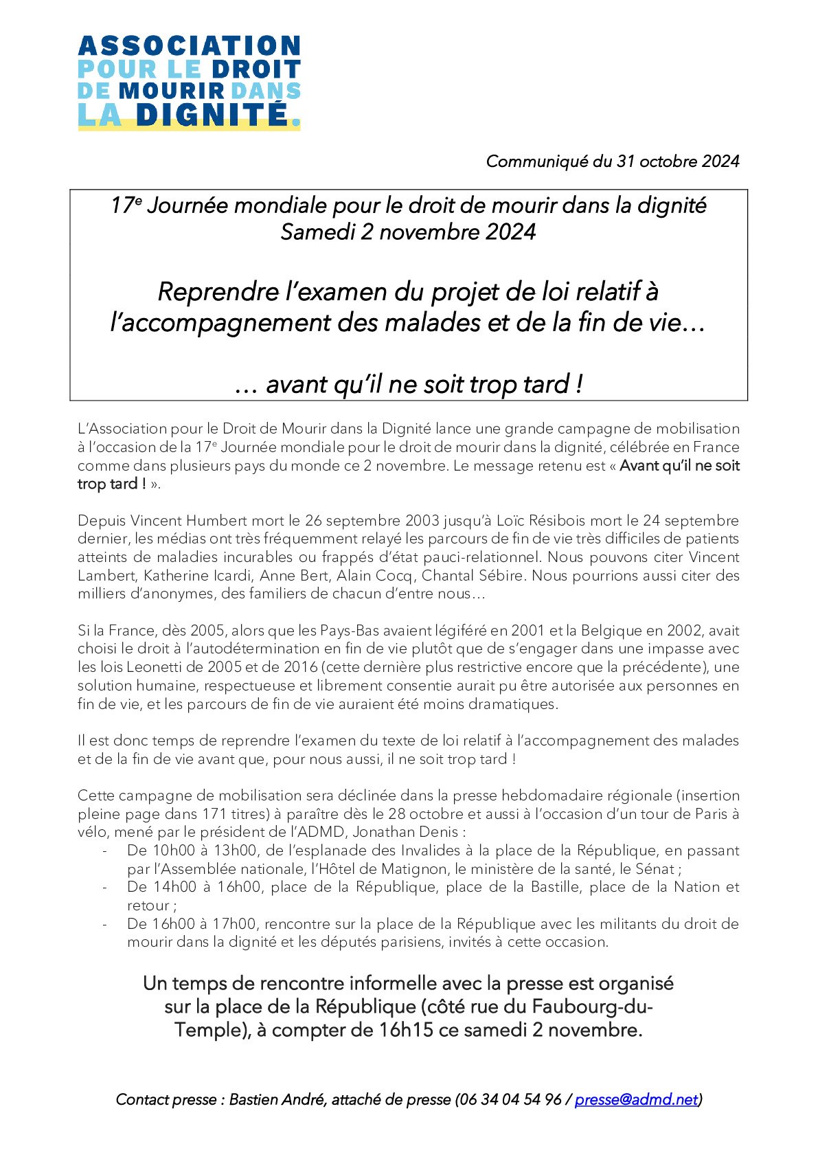 17e Journée mondial pour le droit de mourir dans la dignité