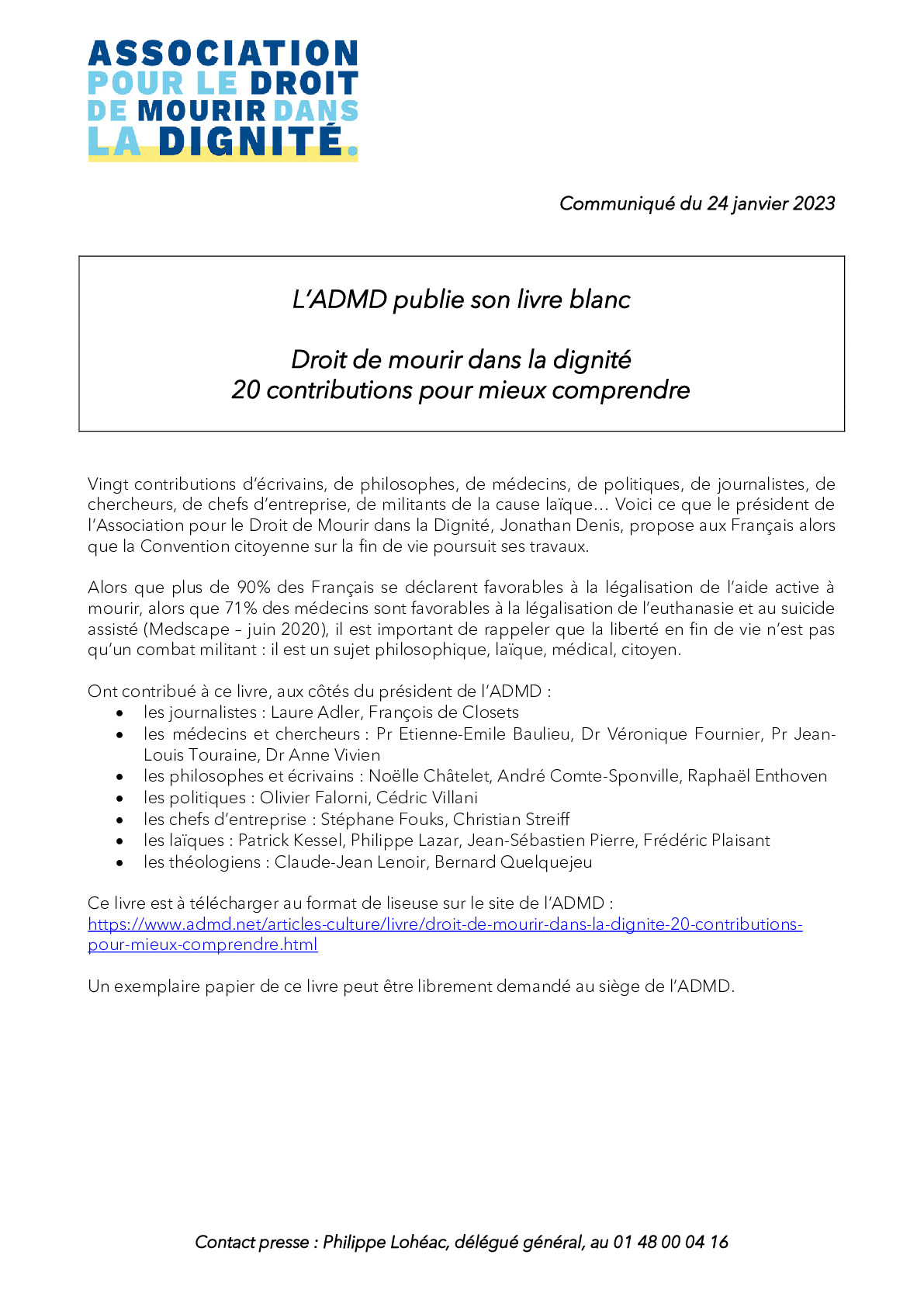 L’ADMD publie son livre blanc - Droit de mourir dans la dignité 20 contributions pour mieux comprendre 