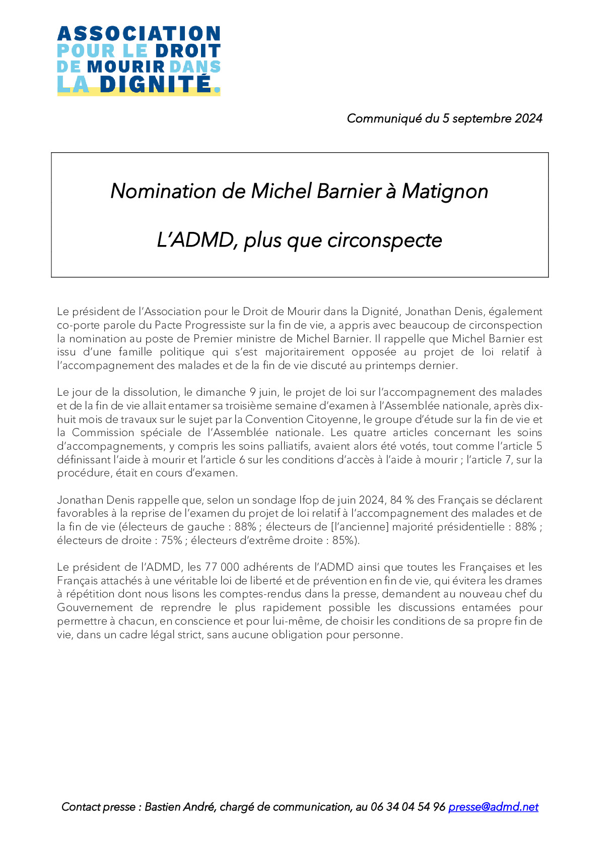 Nomination de Michel Barnier à Matignon - L’ADMD, plus que circonspecte