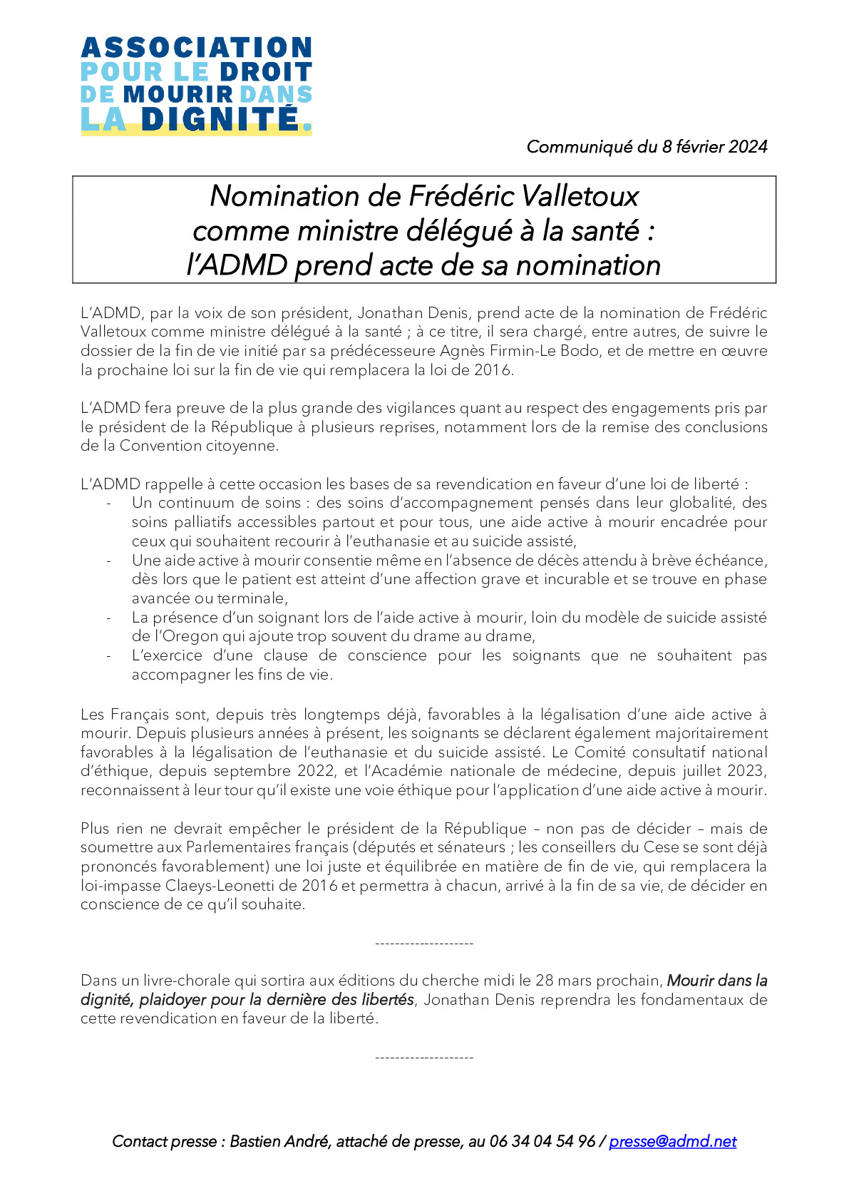 Frédéric Valletoux nommé ministre délégué à la santé : l’ADMD prend acte de sa nomination 