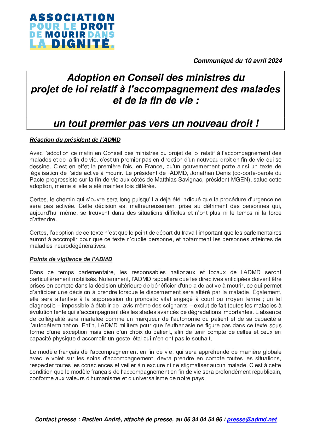 Adoption en Conseil des ministres du projet de loi relatif à l’accompagnement des malades et de la fin de vie : un tout premier pas vers un nouveau droit !