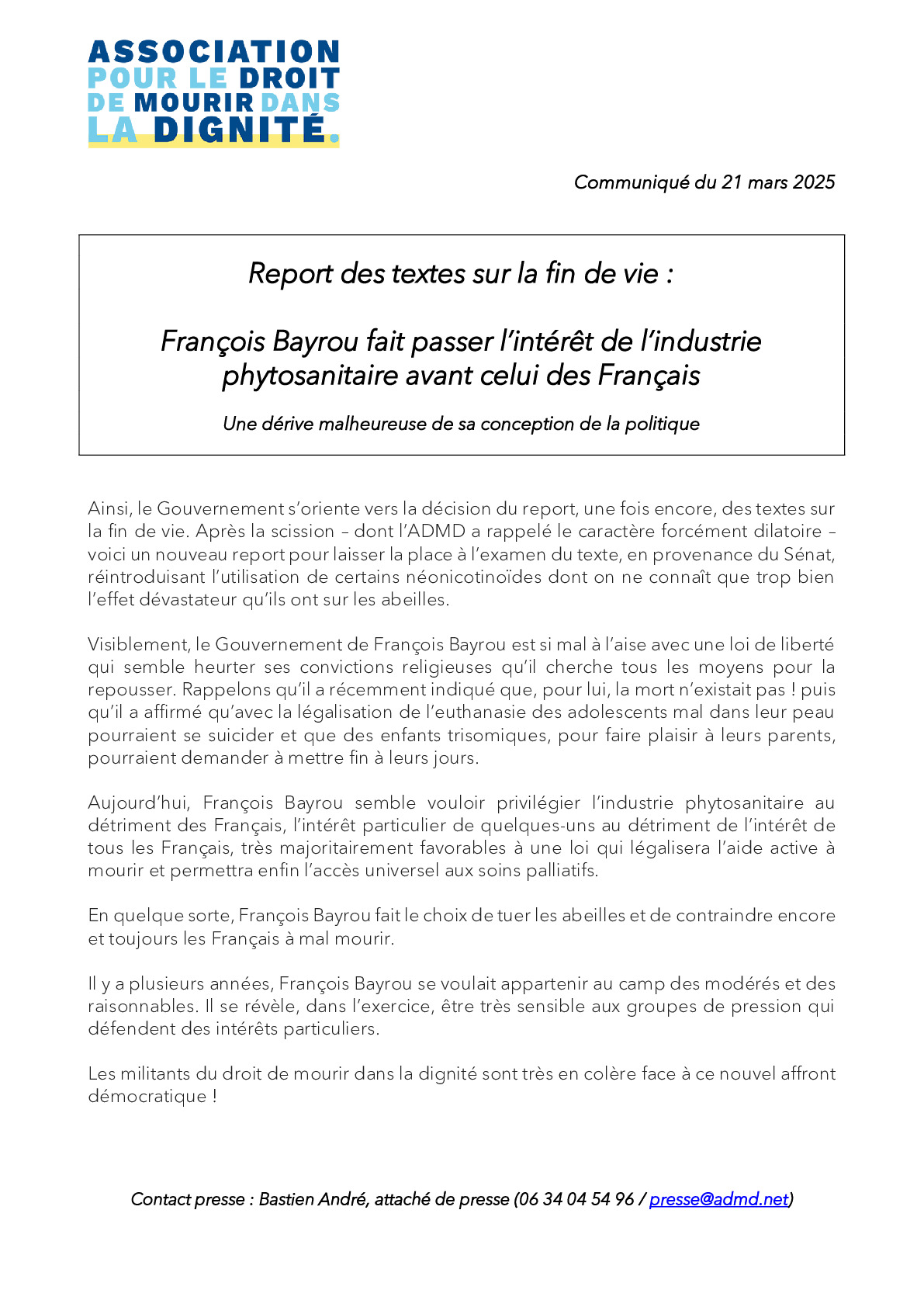 Report des textes sur la fin de vie :  François Bayrou fait passer l’intérêt de l’industrie phytosanitaire avant celui des Français