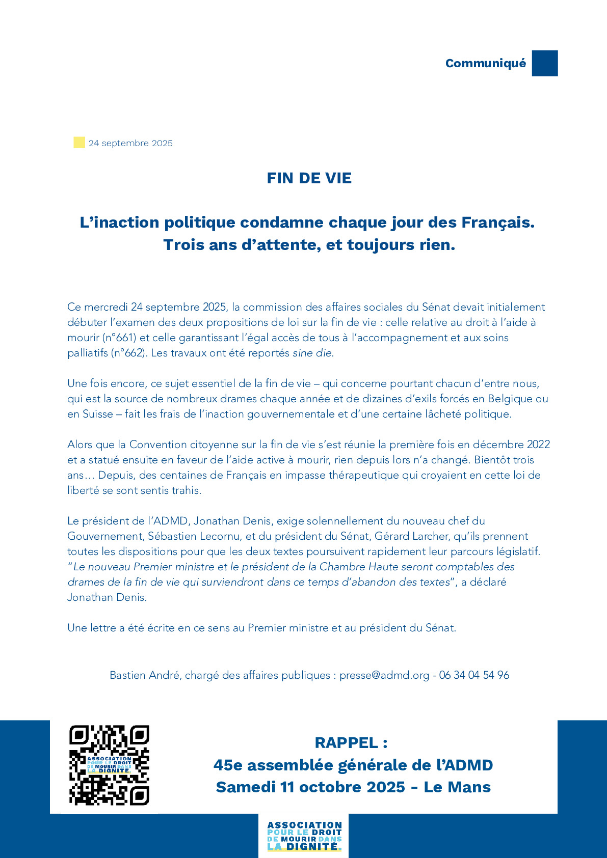 Report de l'examen du texte de loi au Sénat