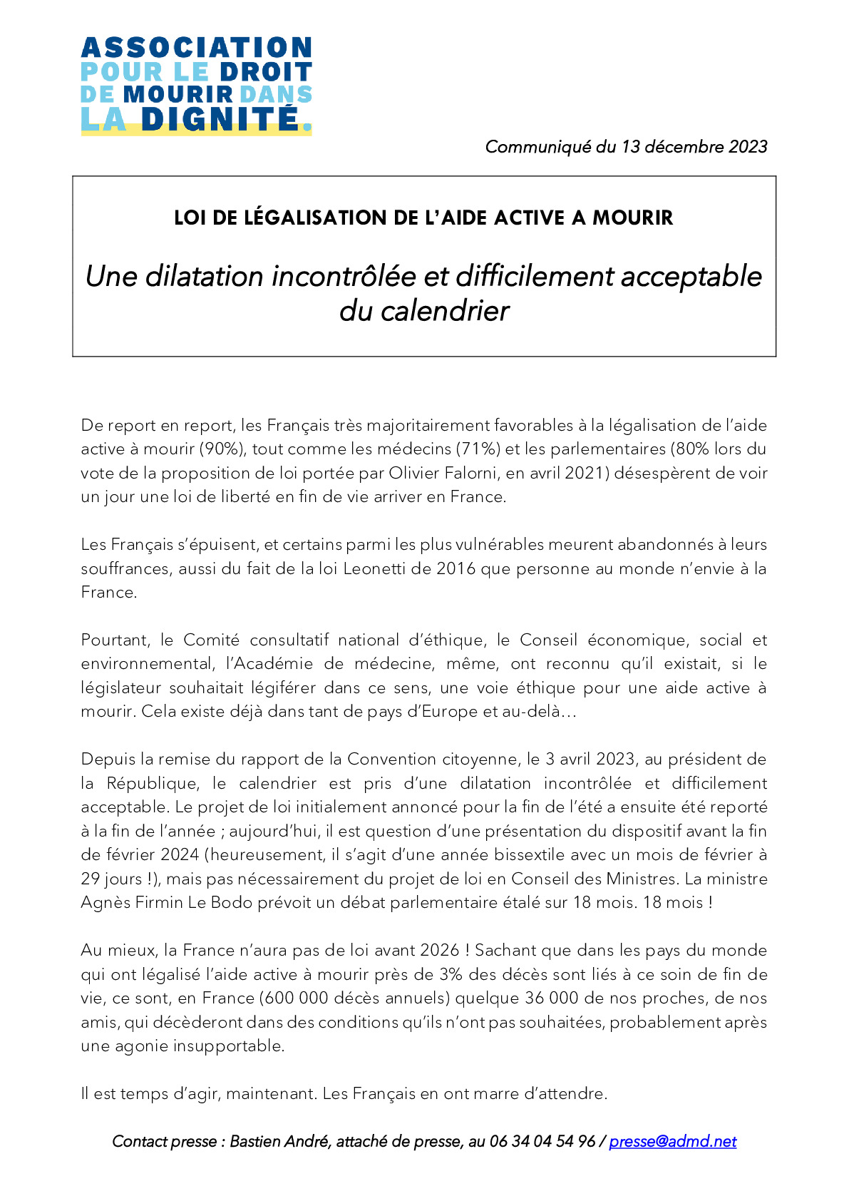 Légalisation de l'aide active à mourir : une dilatation incontrôlée et difficilement acceptable du calendrier