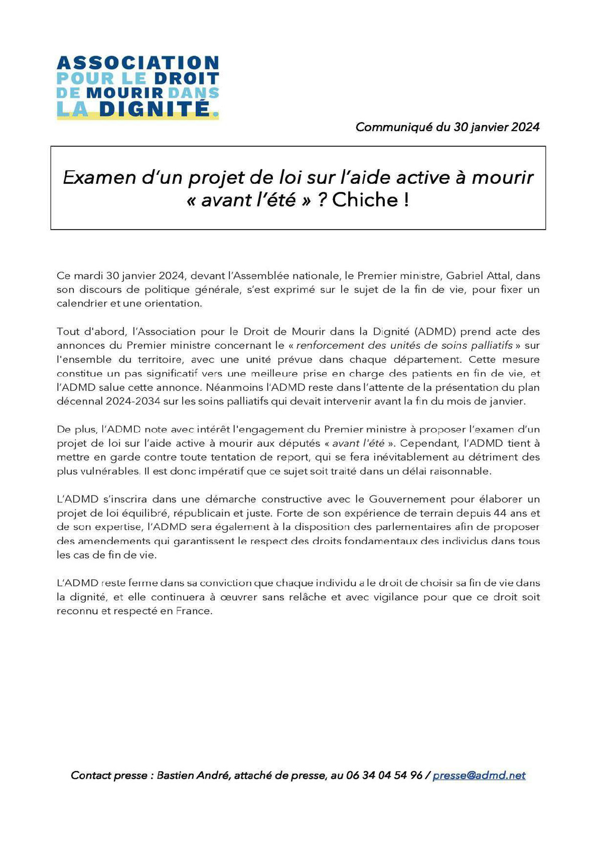 Fin de vie. Examen d’un projet de loi sur l’aide active à mourir « avant l’été » ? Chiche !