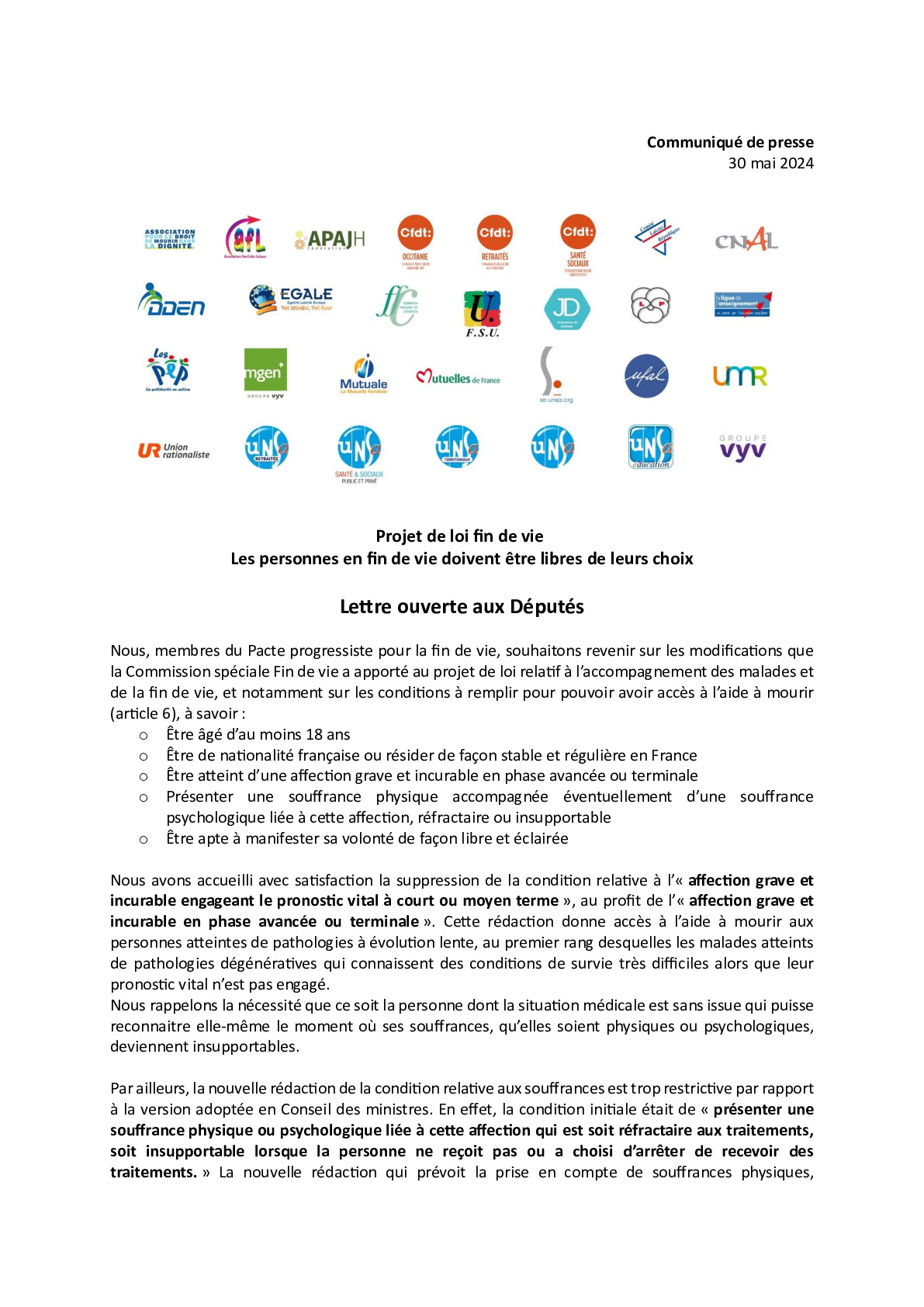 Projet de loi fin de vie - Les personnes en fin de vie doivent être libres de leurs choix - Lettre ouverte aux Députés