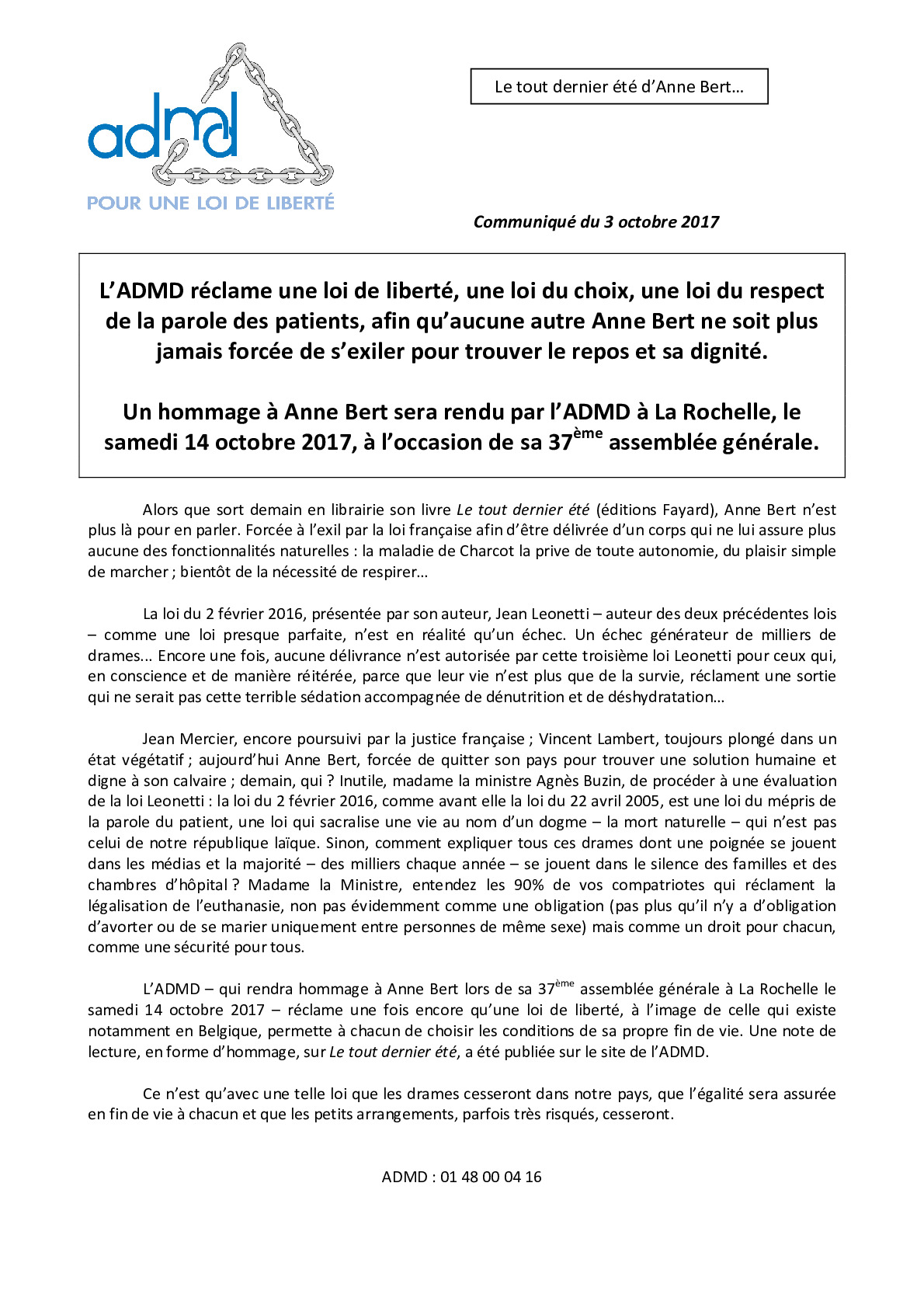 L’ADMD réclame une loi sur la fin de vie de liberté