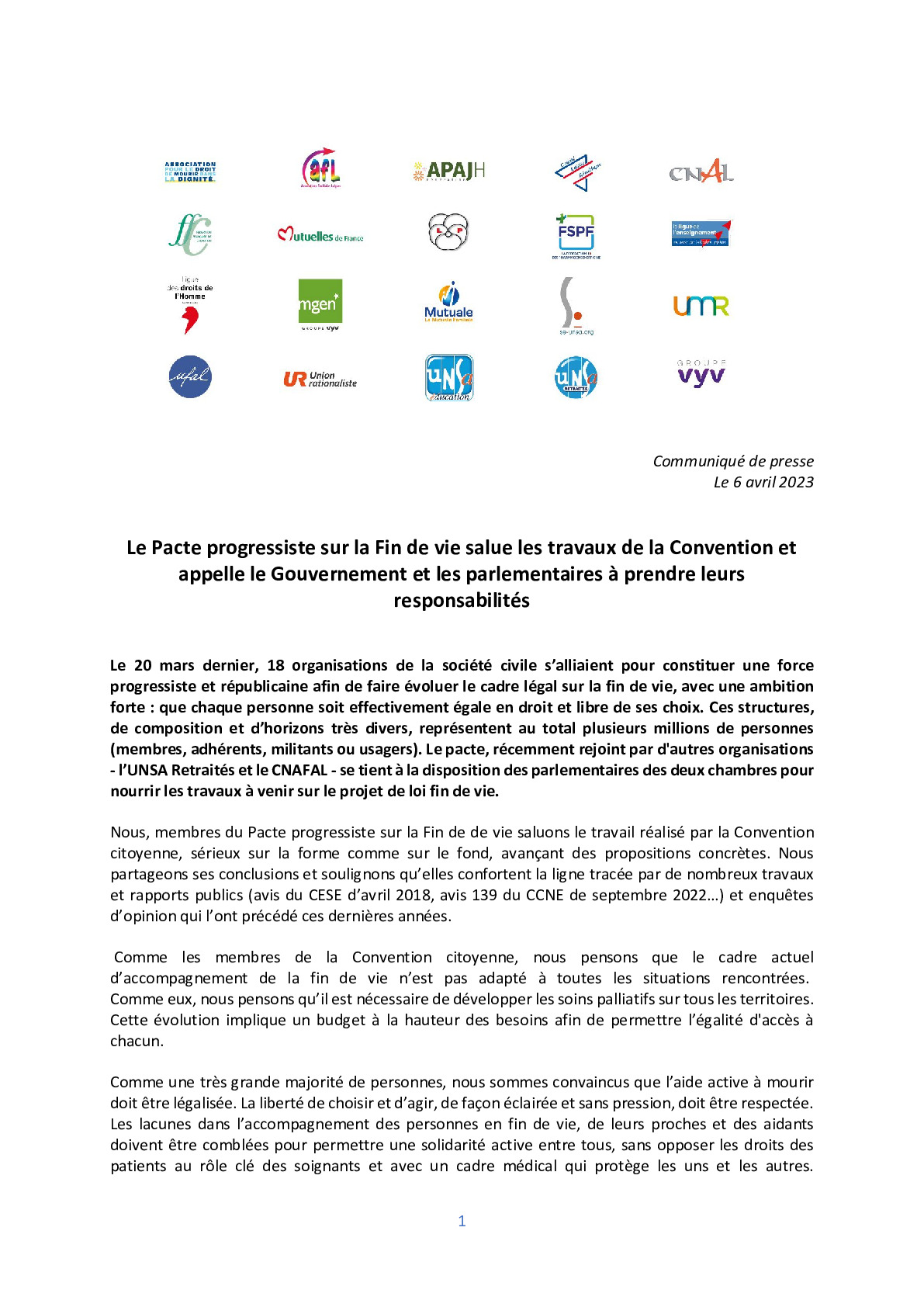 Le Pacte progressiste sur la Fin de vie salue les travaux de la Convention