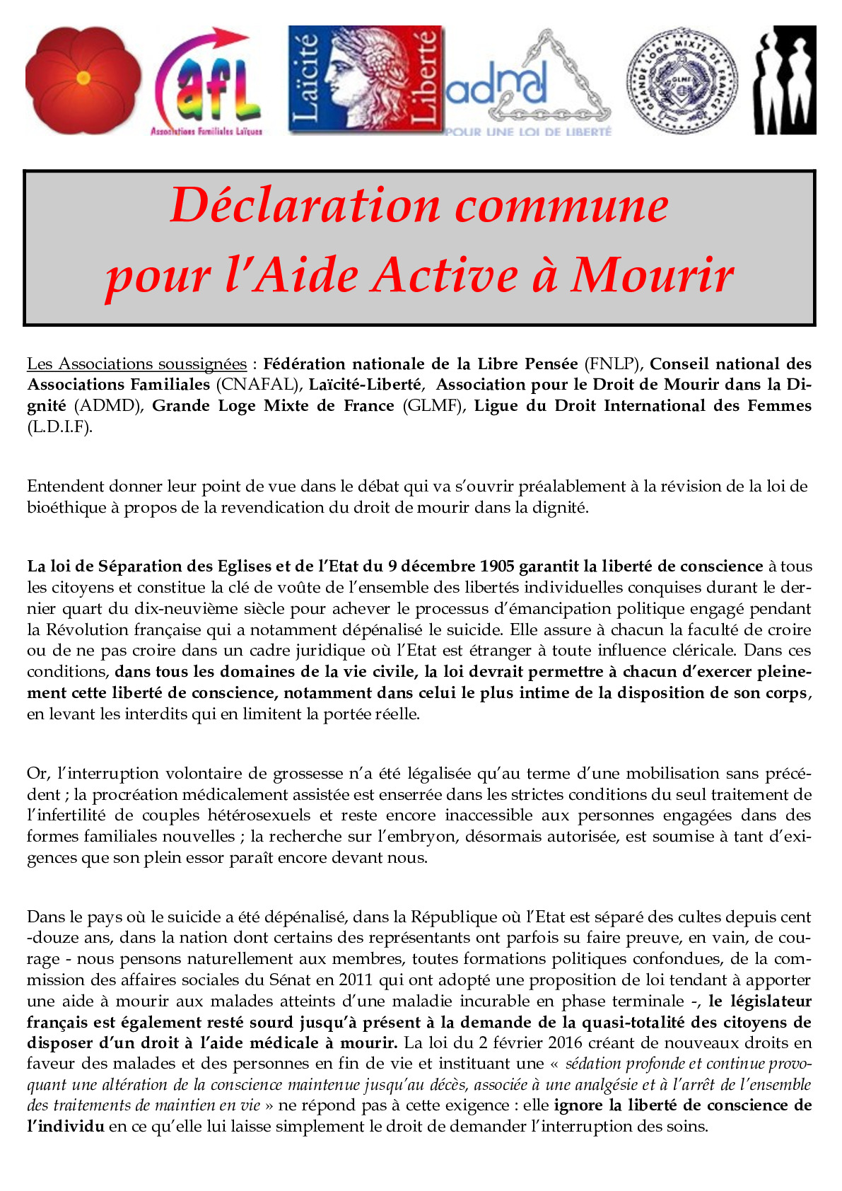 Déclaration commune pour l'Aide Active à Mourir