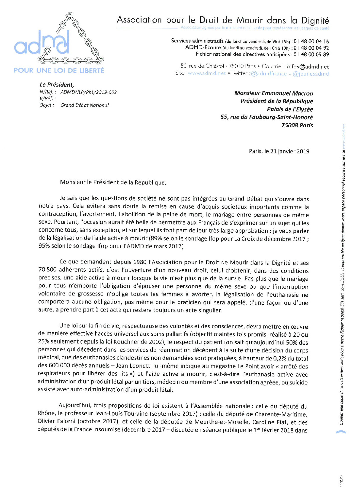 Grand débat national : l'ADMD interpelle Emmanuel macron sur la fin de vie... 
