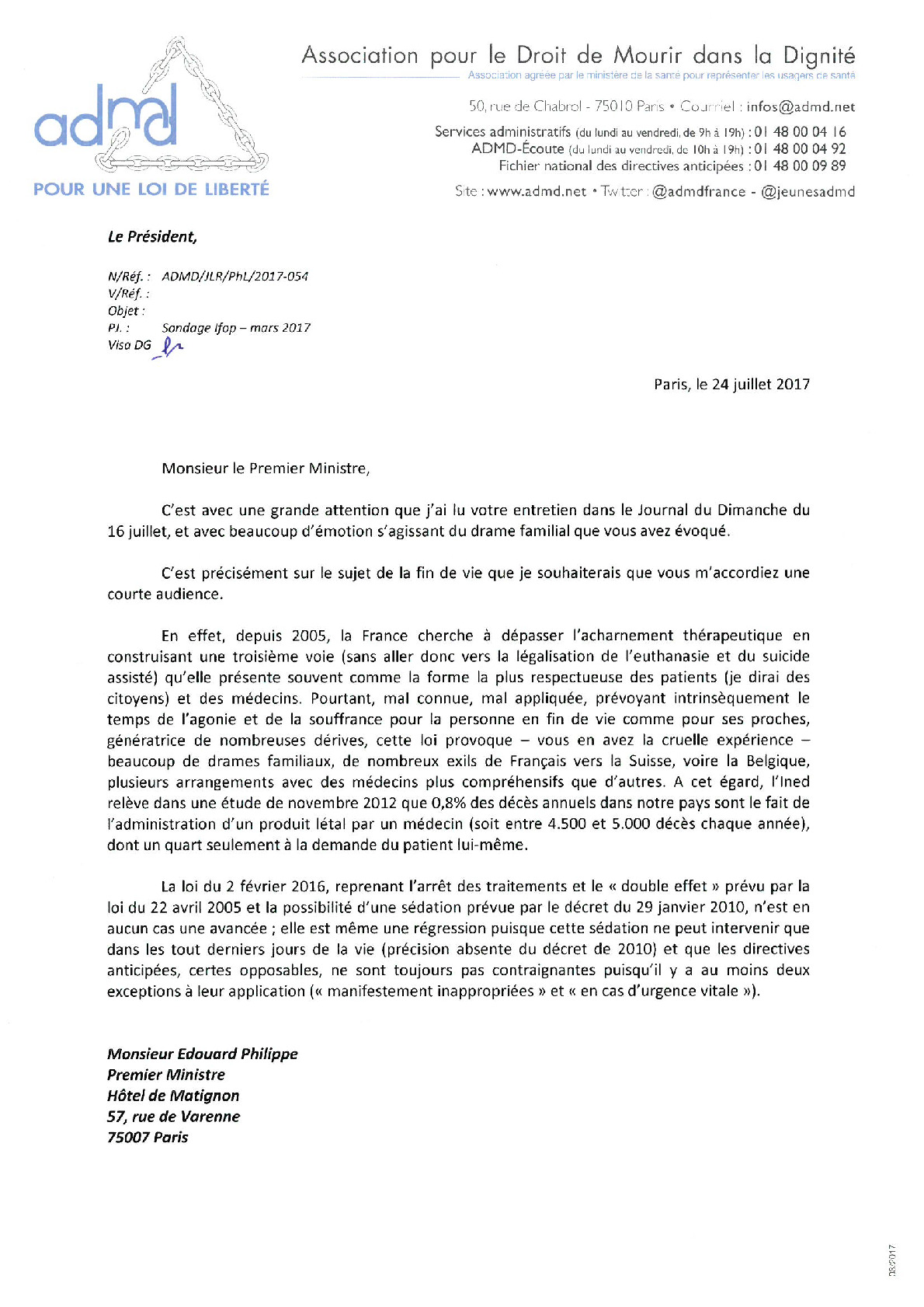 L'ADMD interpelle le premier ministre sur la fin de vie