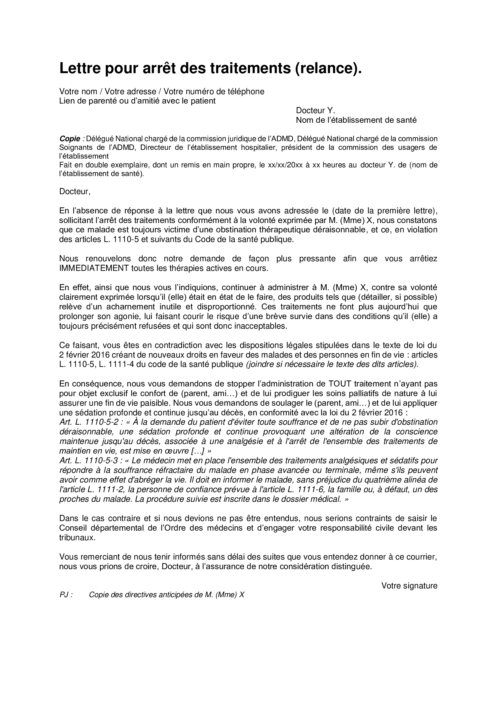 Modèle de lettre : Arrêt des traitements (relance)