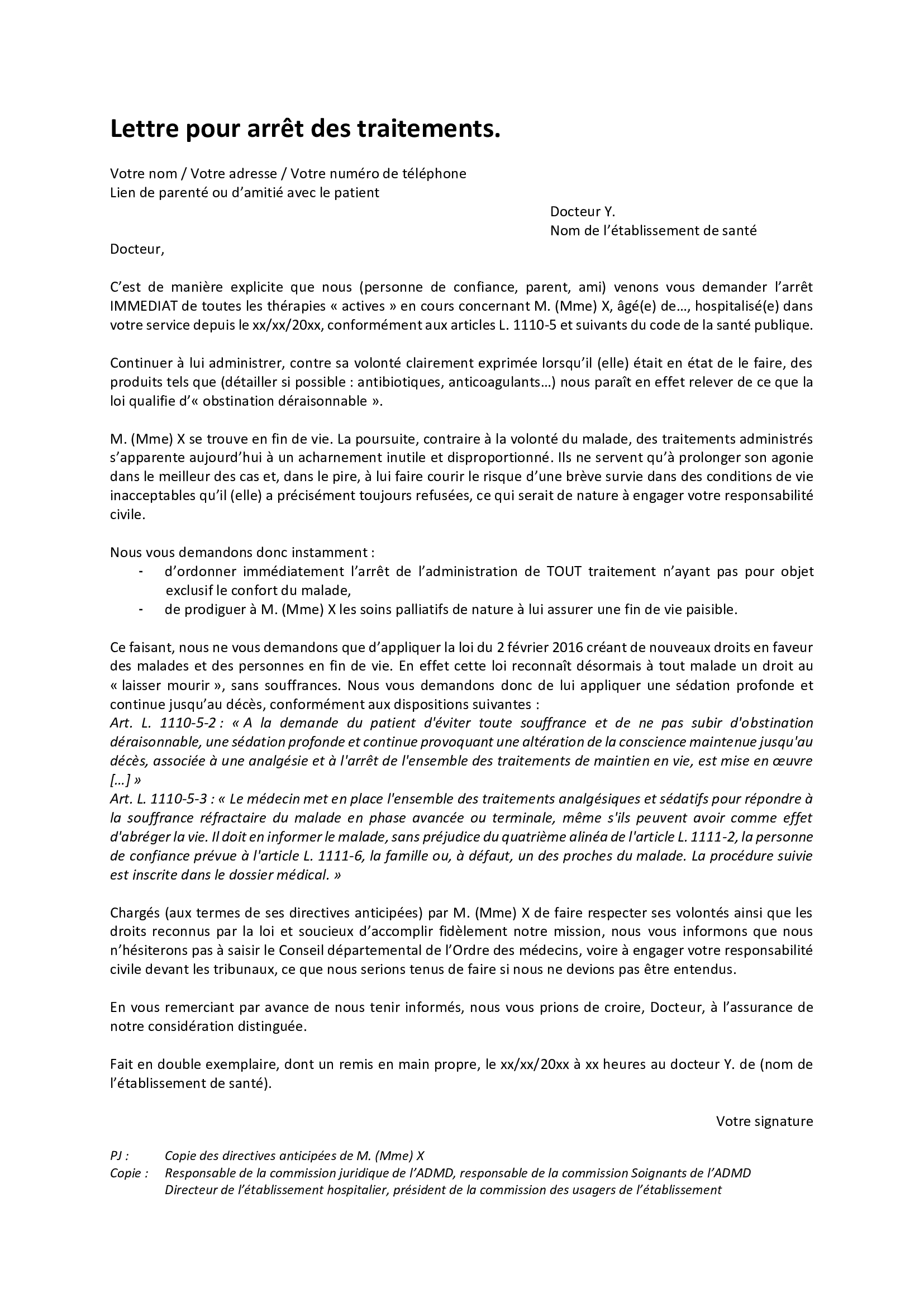 Modèle de lettre : Arrêt des traitements