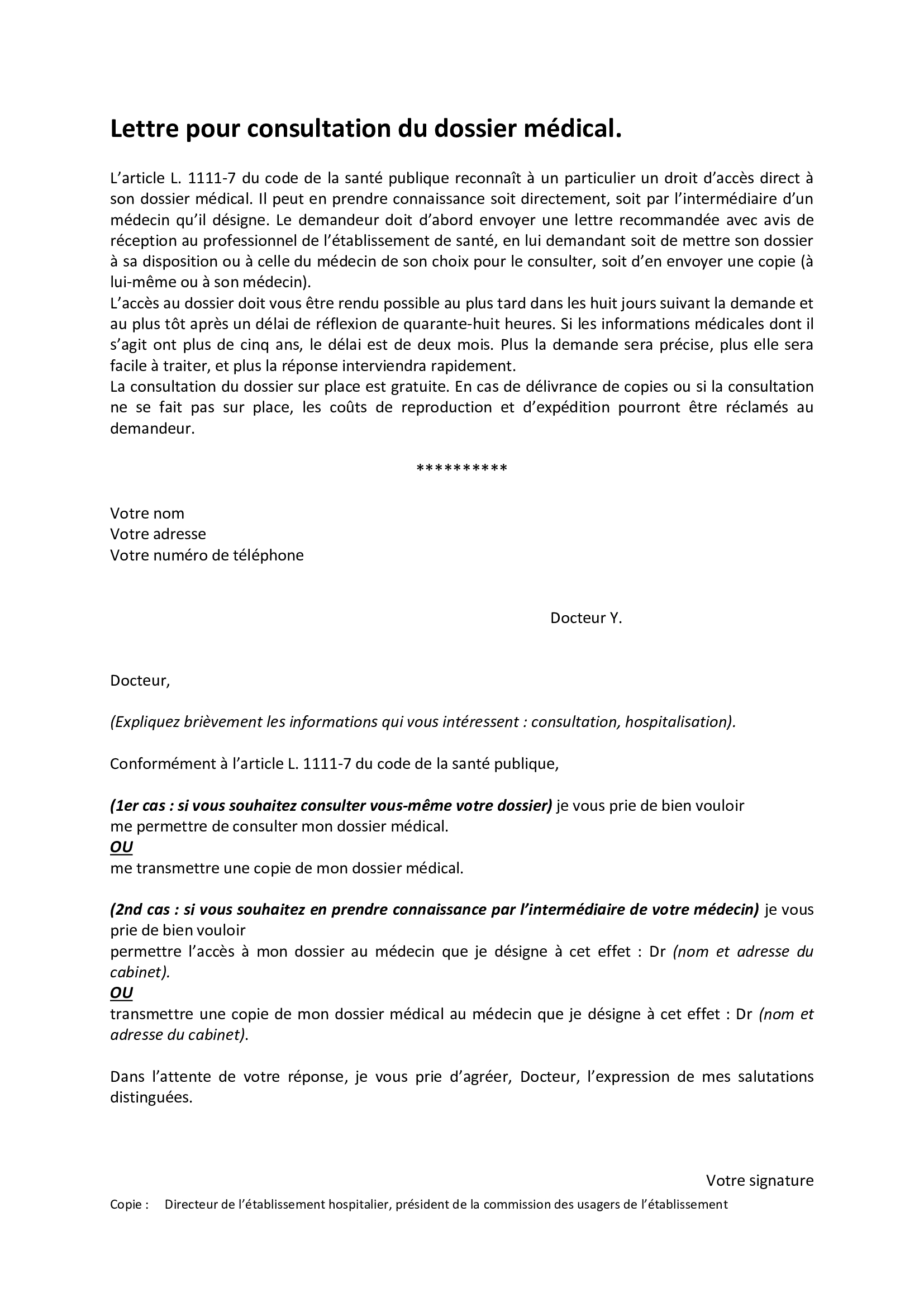 Modèle de lettre : Communication dossier médical