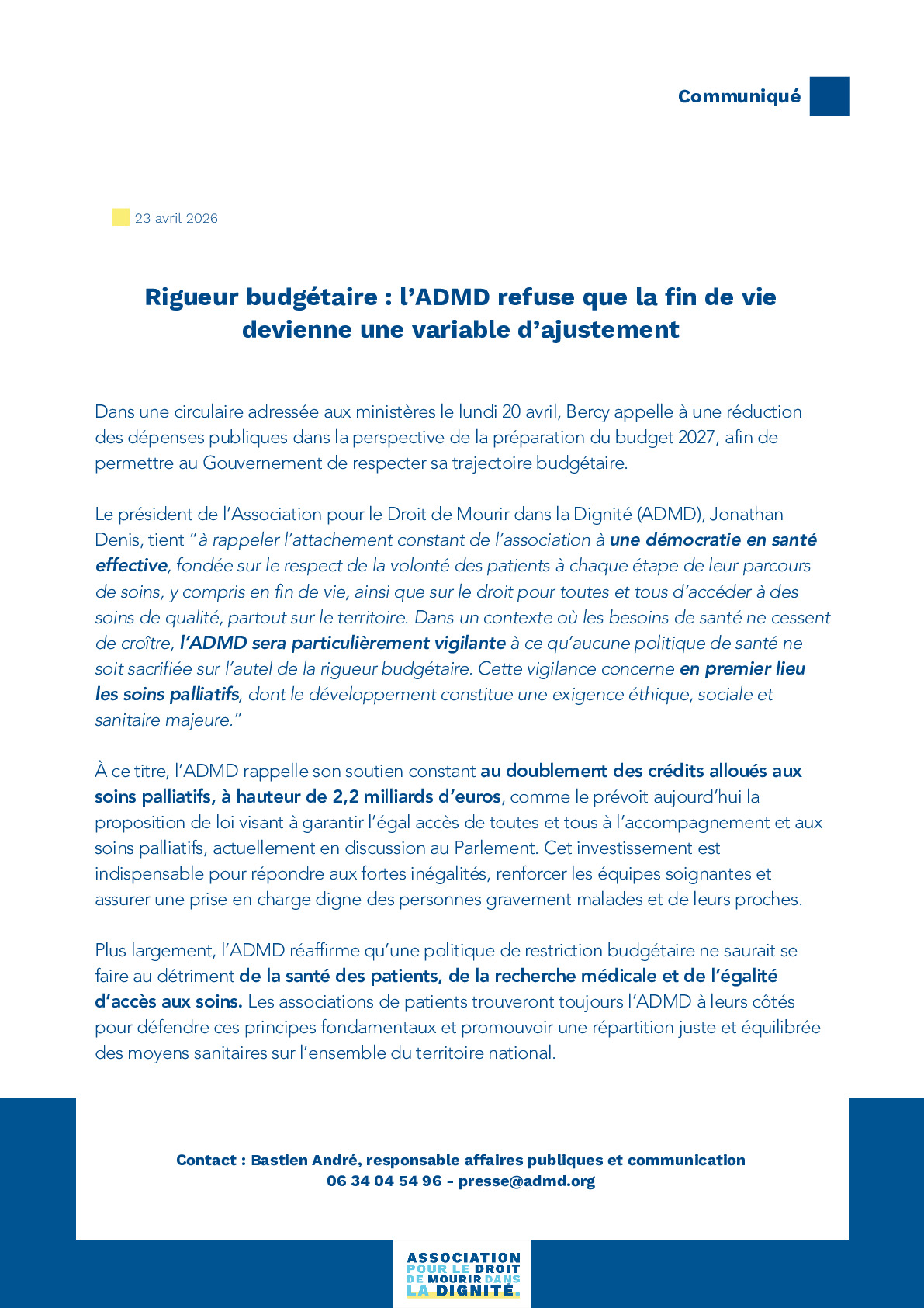Rigueur budgétaire : l’Association pour le Droit de Mourir dans la Dignité refuse que la fin de vie devienne une variable d’ajustement !