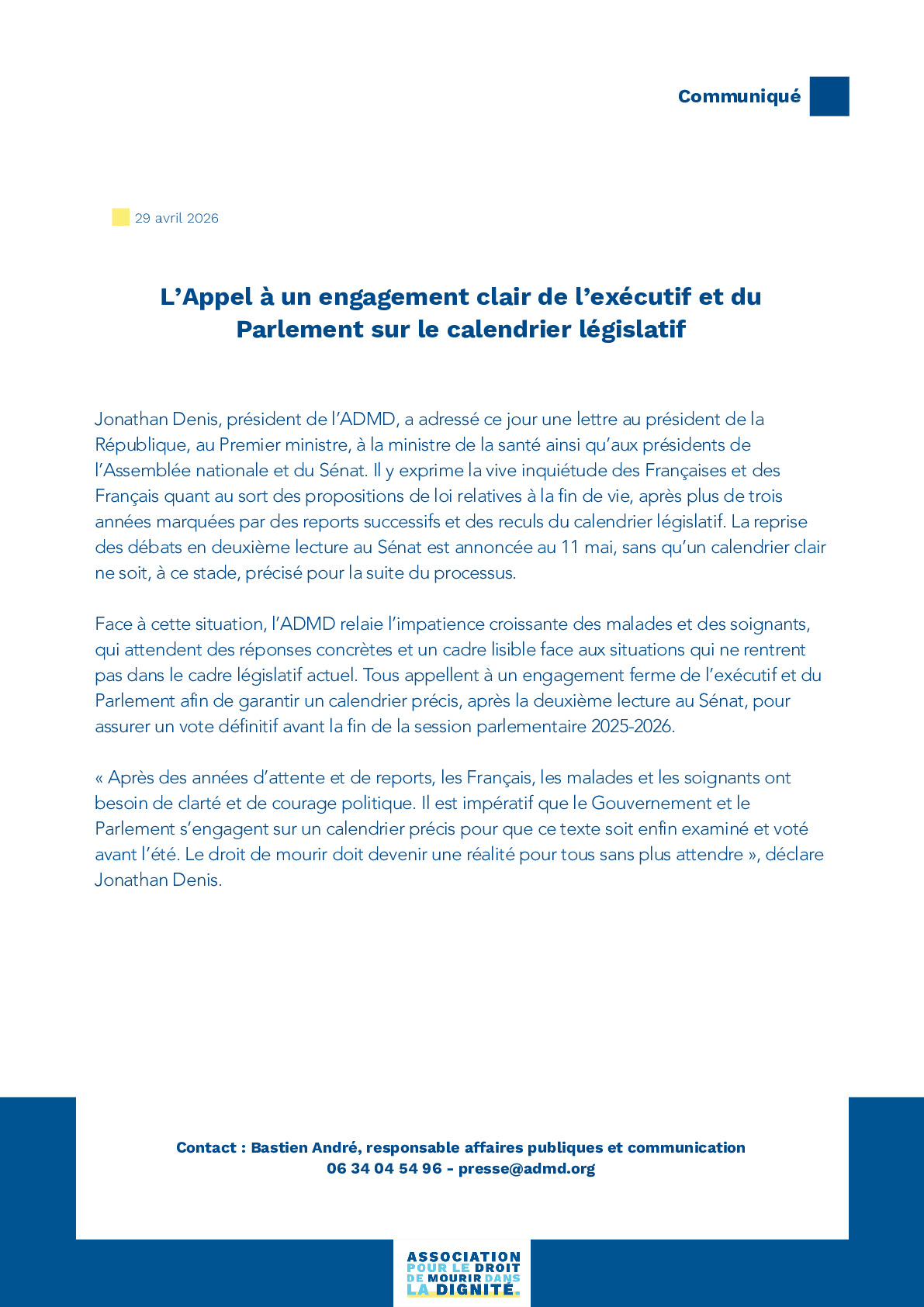 L’Appel à un engagement clair de l’exécutif et du Parlement sur le calendrier législatif