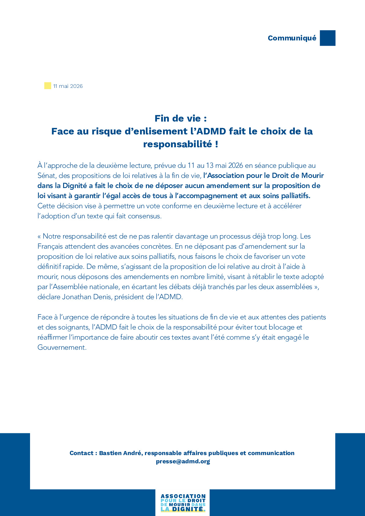 Fin de vie : Face au risque d’enlisement l’ADMD fait le choix de la responsabilité 