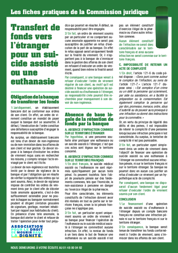 Transfert de fonds vers l’étranger pour un suicide assisté ou une euthanasie