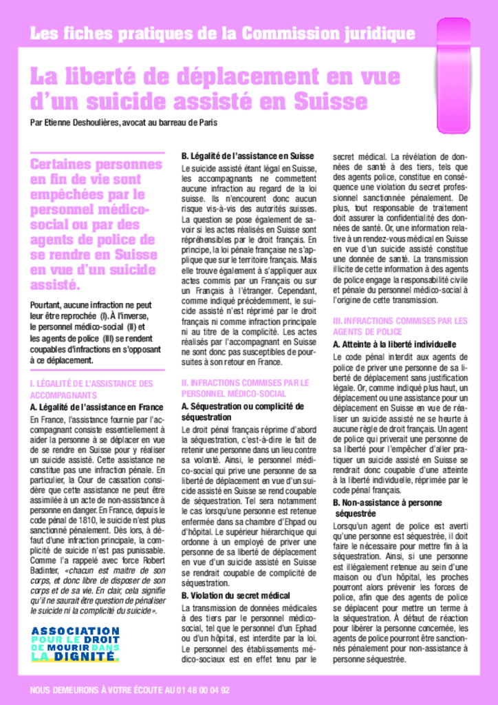 La liberté de déplacement en vue d’un suicide assisté en Suisse