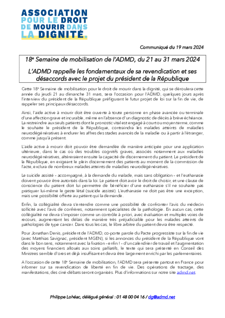 CP - 18e Semaine de mobilisation de l’ADMD, du 21 au 31 mars 2024