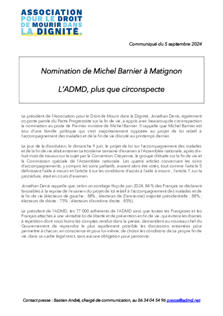 Nomination de Michel Barnier à Matignon - L’ADMD, plus que circonspecte
