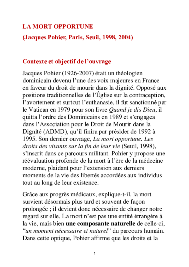 La mort opportune - Résumé détaillé