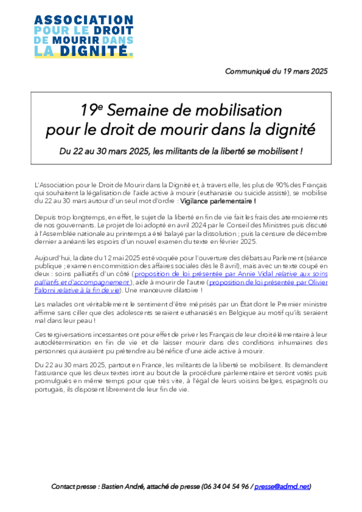 CP - 19e Semaine de mobilisation pour le droit de mourir dans la dignité