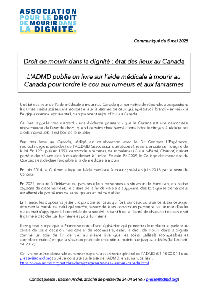 Droit de mourir dans la dignité : état des lieux au Canada