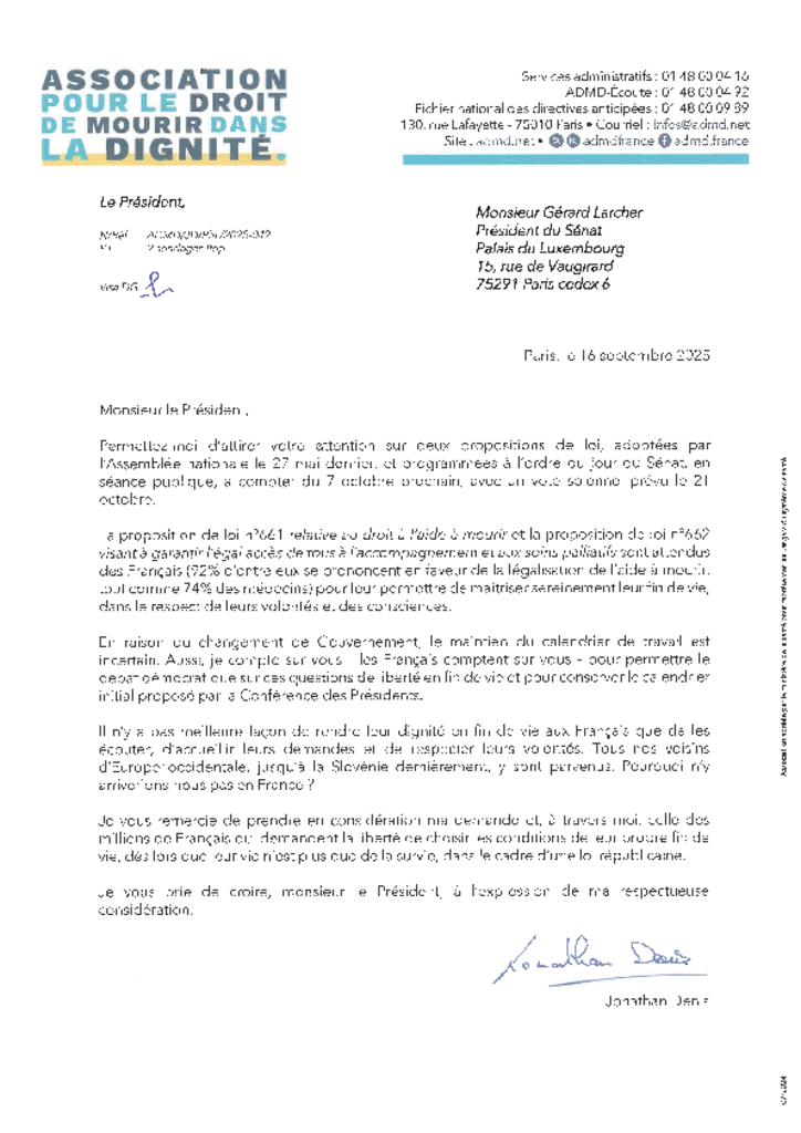 Lettre au Président du Sénat