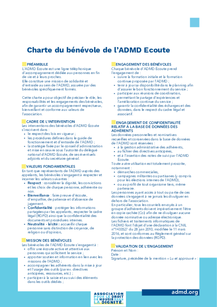 Charte du bénévole de l'ADMD Ecoute