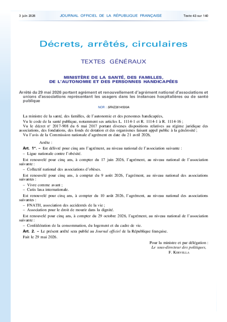 Agrément - Arrêté du 29 mai 2026