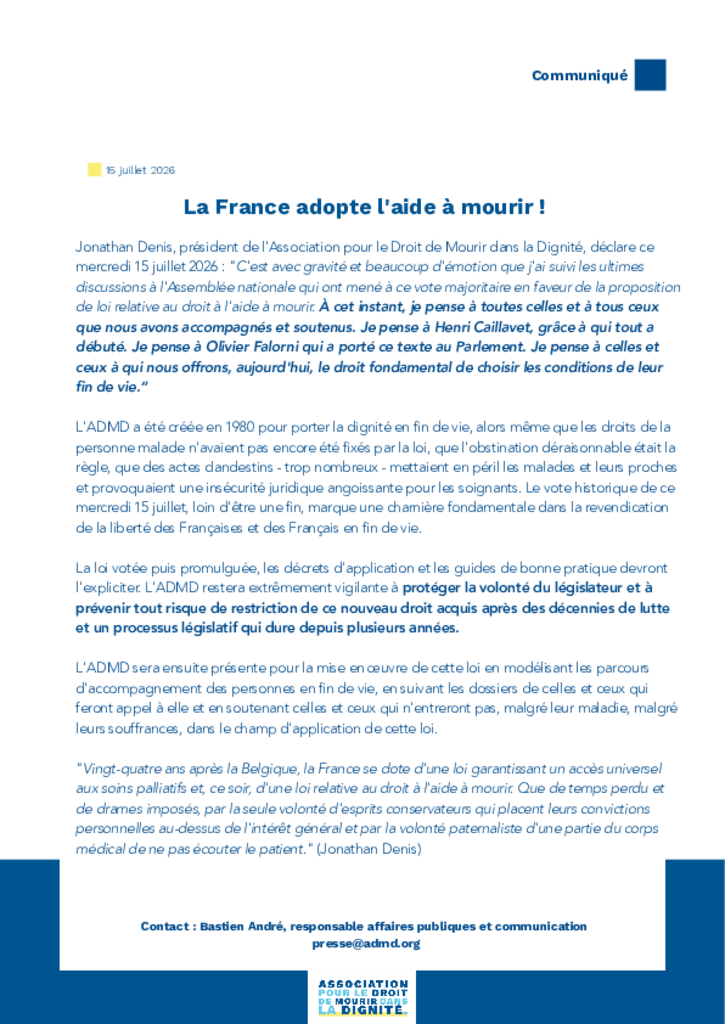 CP - Vote défintif de la loi sur l'aide à mourir