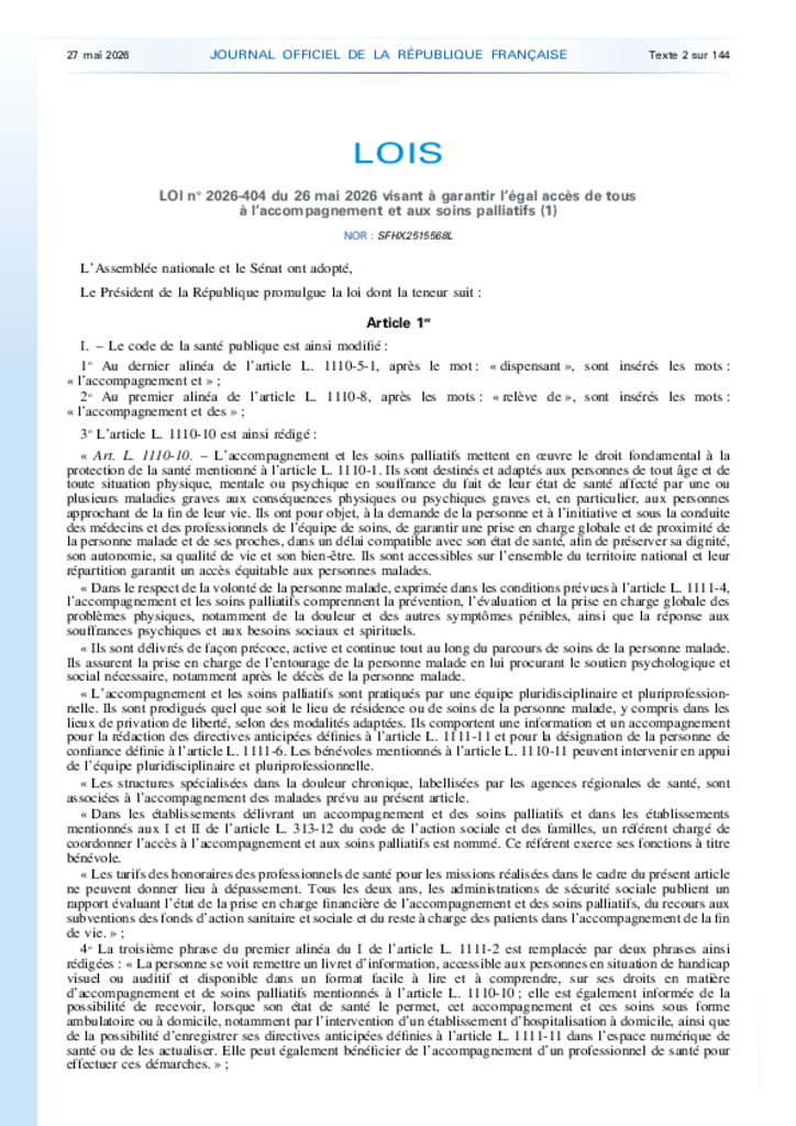 Loi visant à garantir l’égal accès de tous à l’accompagnement et aux soins palliatifs