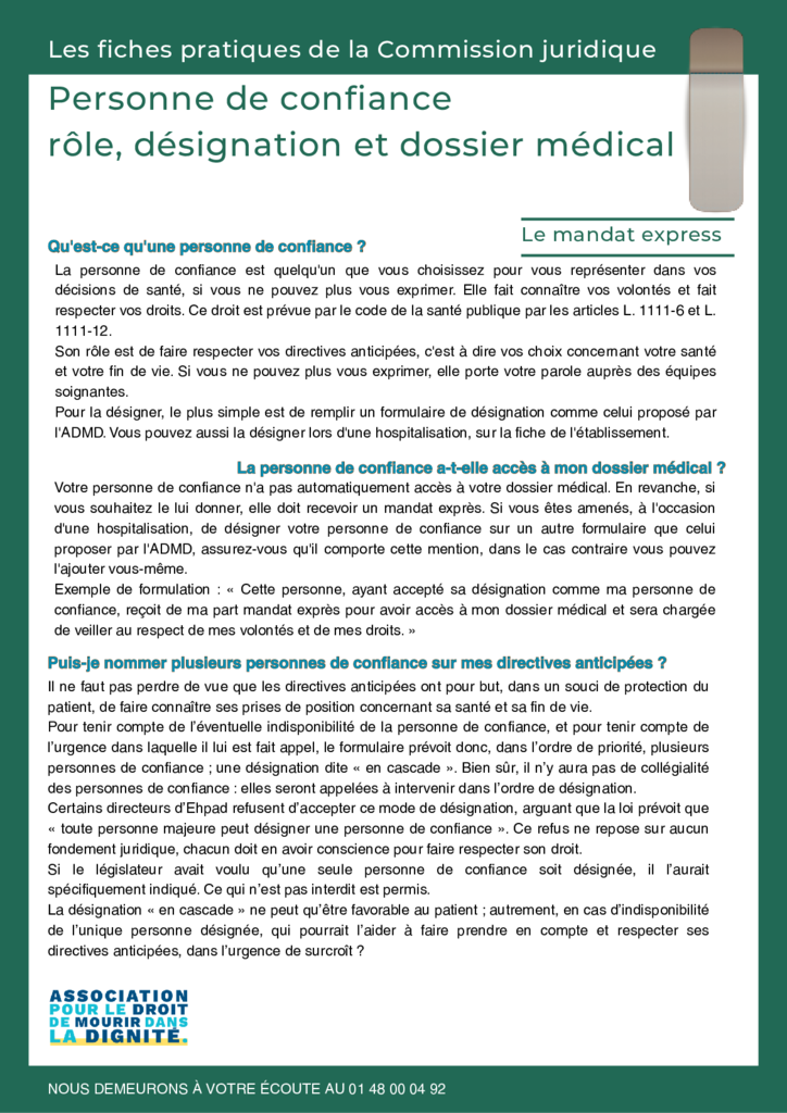 Fiches pratique sur la personne de confiance, son rôle, sa désignation et son lien avec le dossier médical