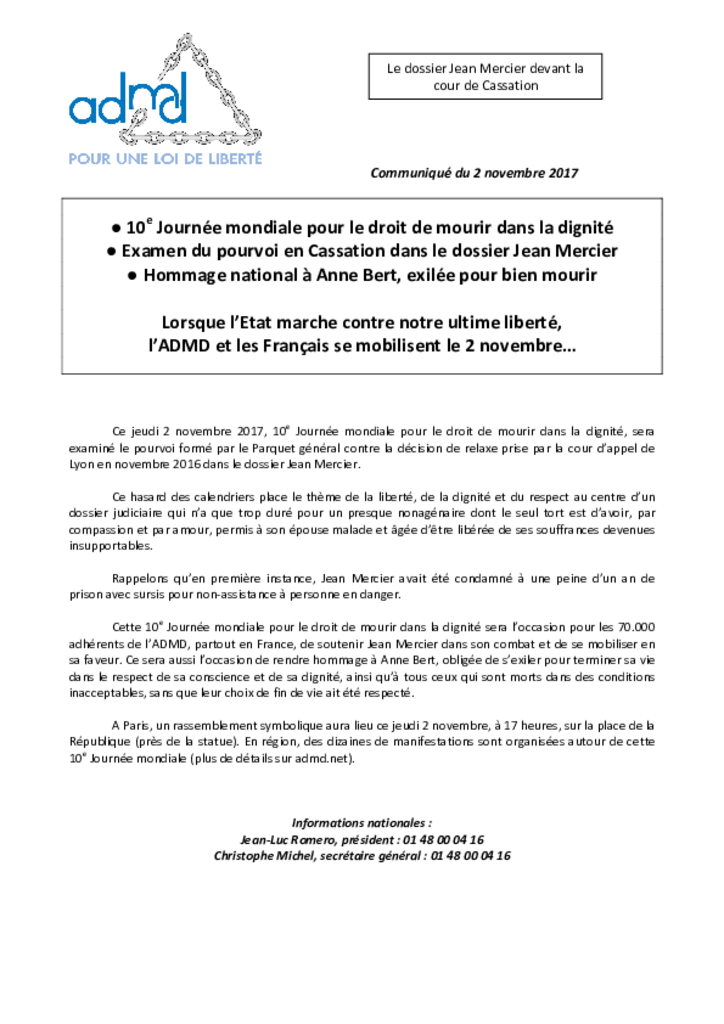 CP - 10e Journée mondiale pour le droit de mourir dans la dignité
