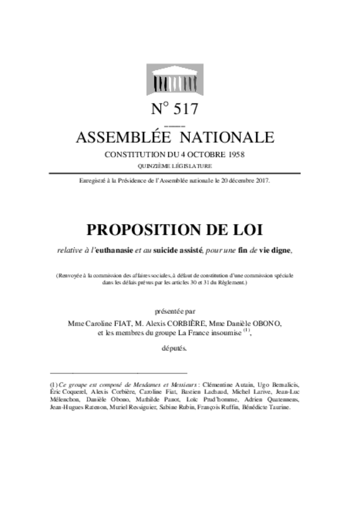 Proposition de loi sur la fin de vie déposée par madame Caroline Fiat, monsieur Alexis Corbière, madame Danièle Obono