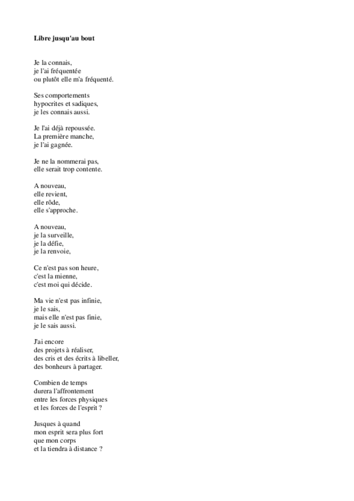 Poème "Libre jusqu'au bout"