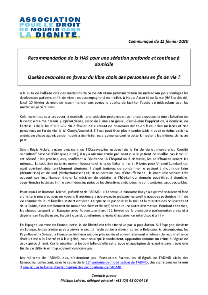 CP - Recommandation de la HAS en faveur d'une sédation à domicile