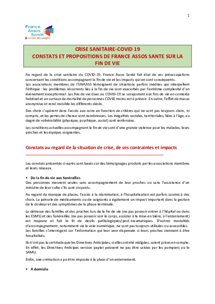 Constats et propositions de France Assos Santé sur la fin de vie
